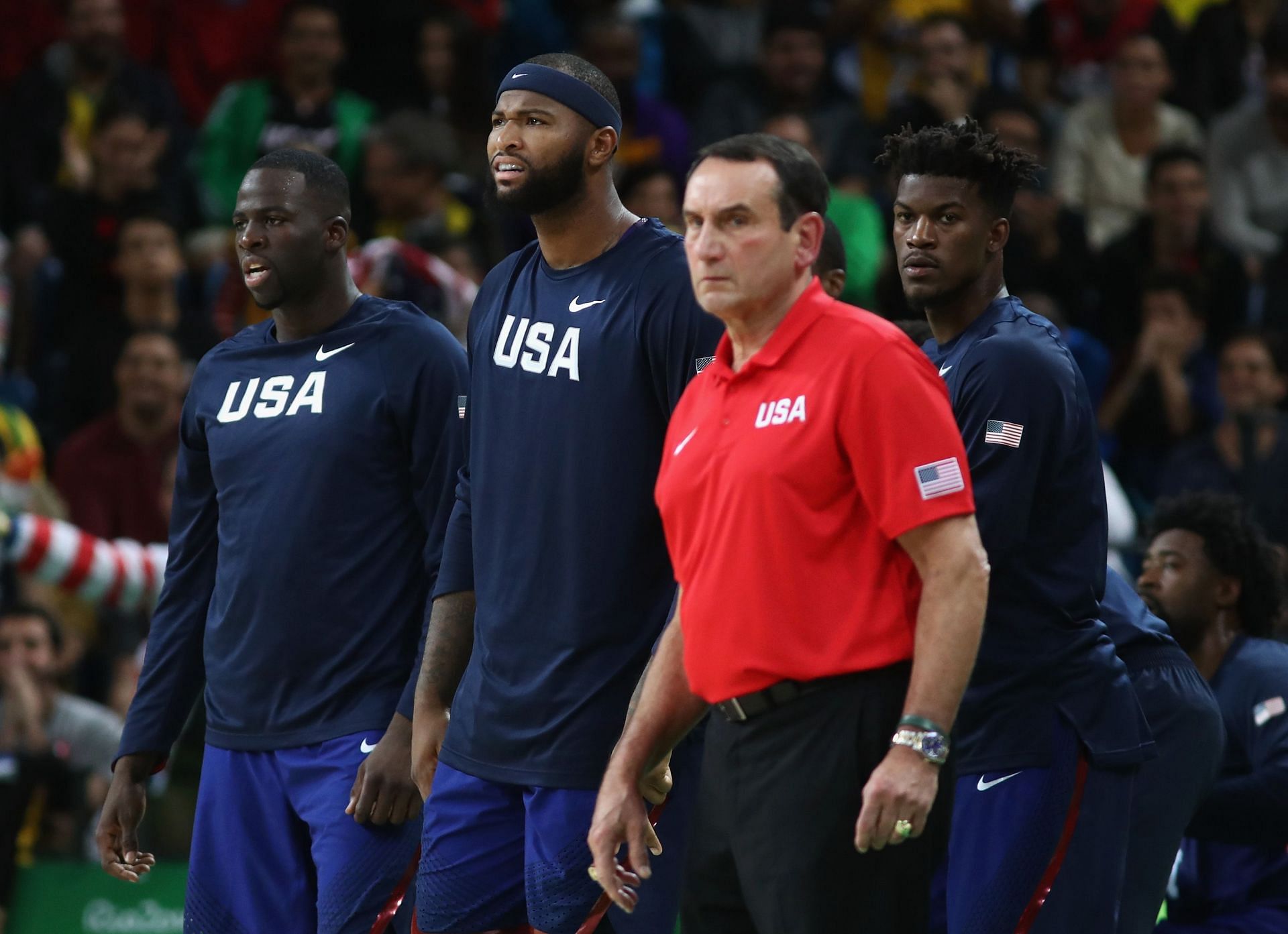 Draymond Green, left, and Mike Krzyzewski, in red, were together during Coach K&#039;s time as Team USA coach.