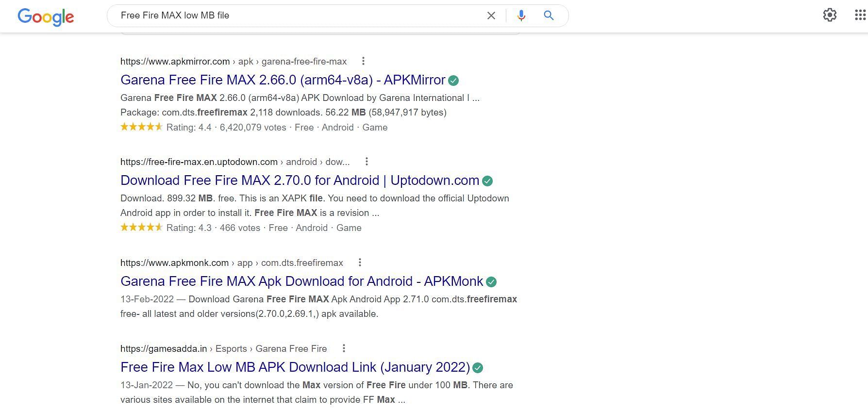 Various Google search results for low MB files (Image via Google)