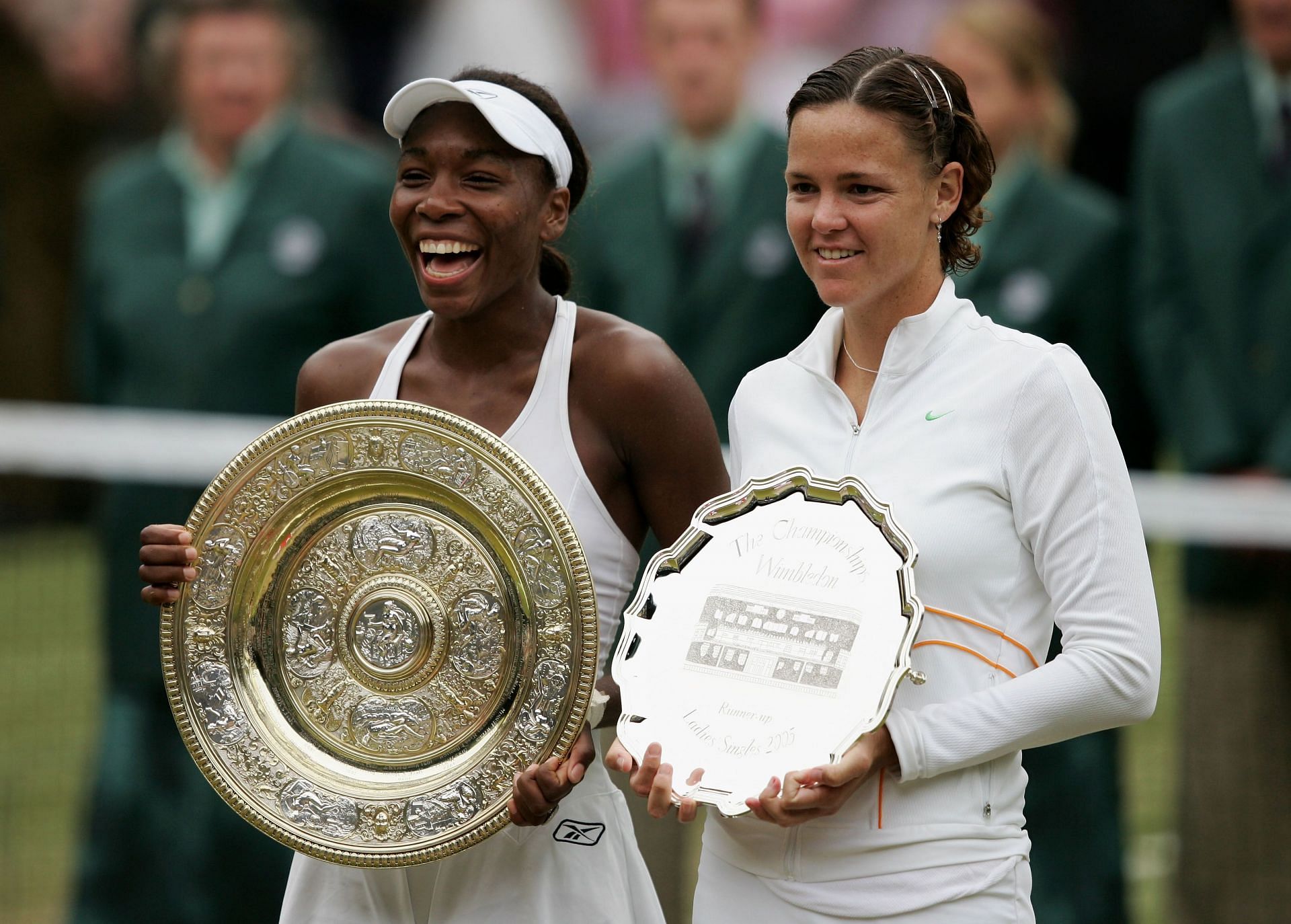 Venus Williams (L) and Lindsay Davenport at the Wimbledon Championships.