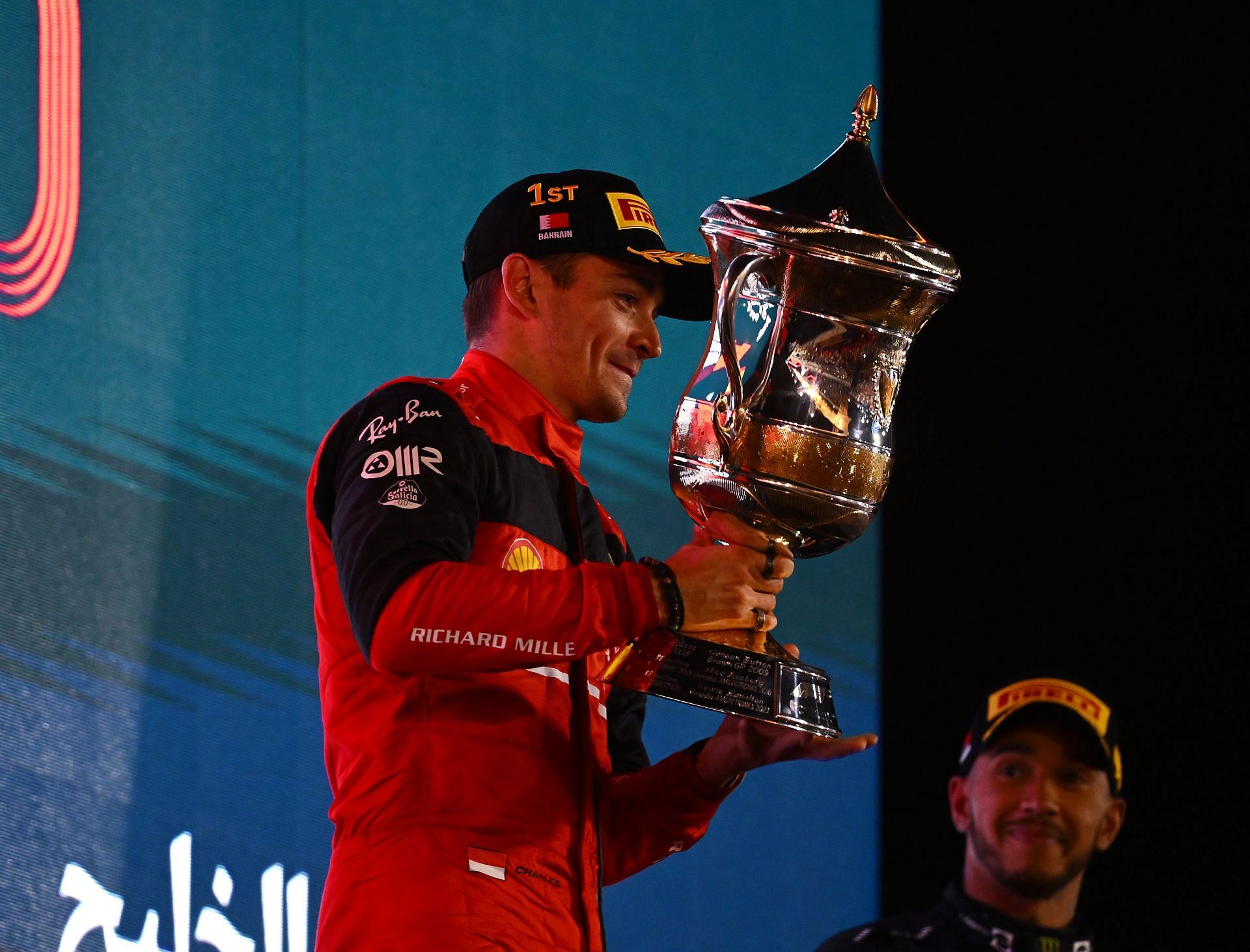 Ferrari&#039;s Charles Leclerc celebrates on the podium during the F1 Grand Prix of Bahrain (Photo by Clive Mason/Getty Images)