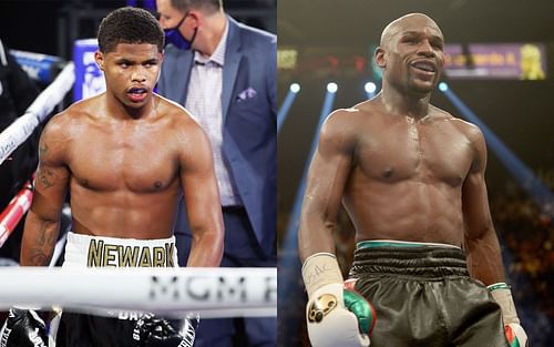 Shakur Stevenson (left) and Floyd Mayweather (right)