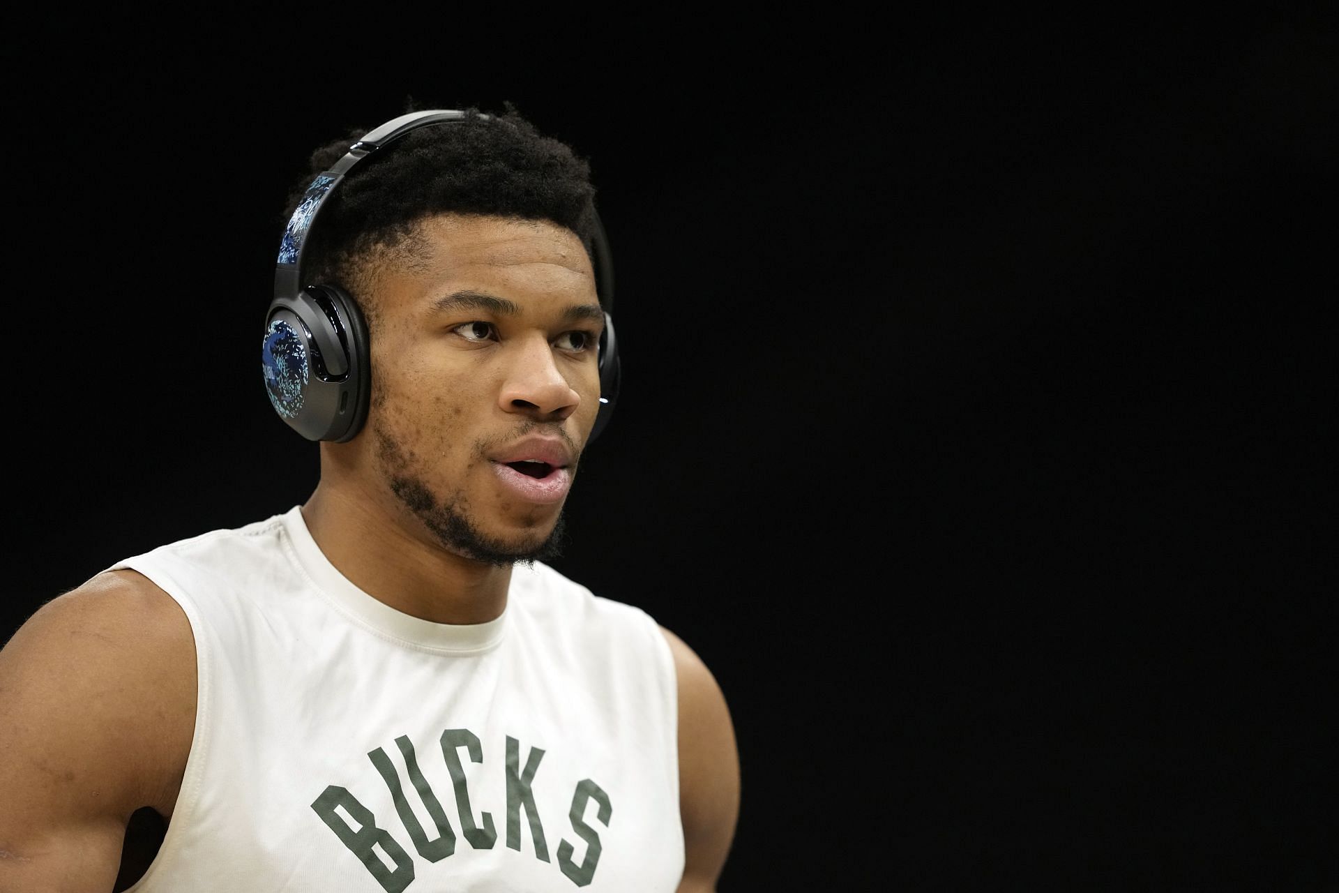 Giannis Antetokounmpo of the Milwaukee Bucks warms up pregame