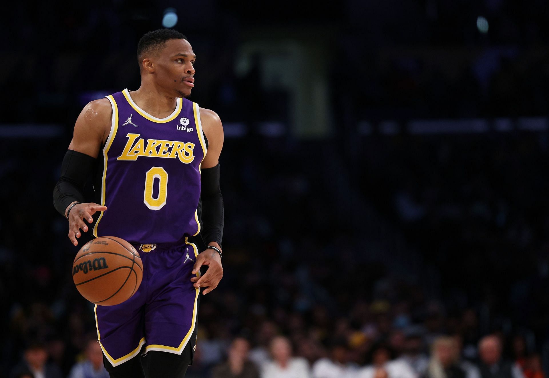 Russell Westbrook #0 of the Los Angeles Lakers brings up the ball during a 126-121 Philadelphia 76ers win at Crypto.com Arena on March 23, 2022 in Los Angeles, California.