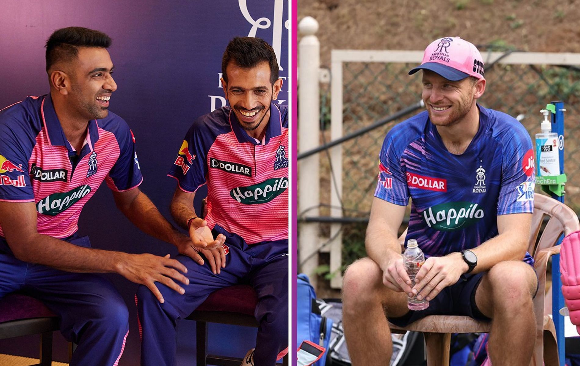 (L to R) Ravichandran Ashwin, Yuzvendra Chahal and Jos Buttler. (Image: Twitter)