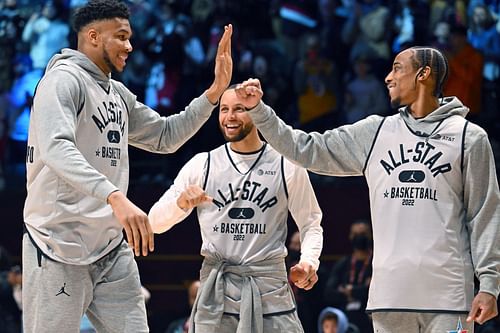 (L-R) Giannis Antetokounmpo, Stephen Curry and DeMar DeRozan at the 2022 NBA All-Star Game practice