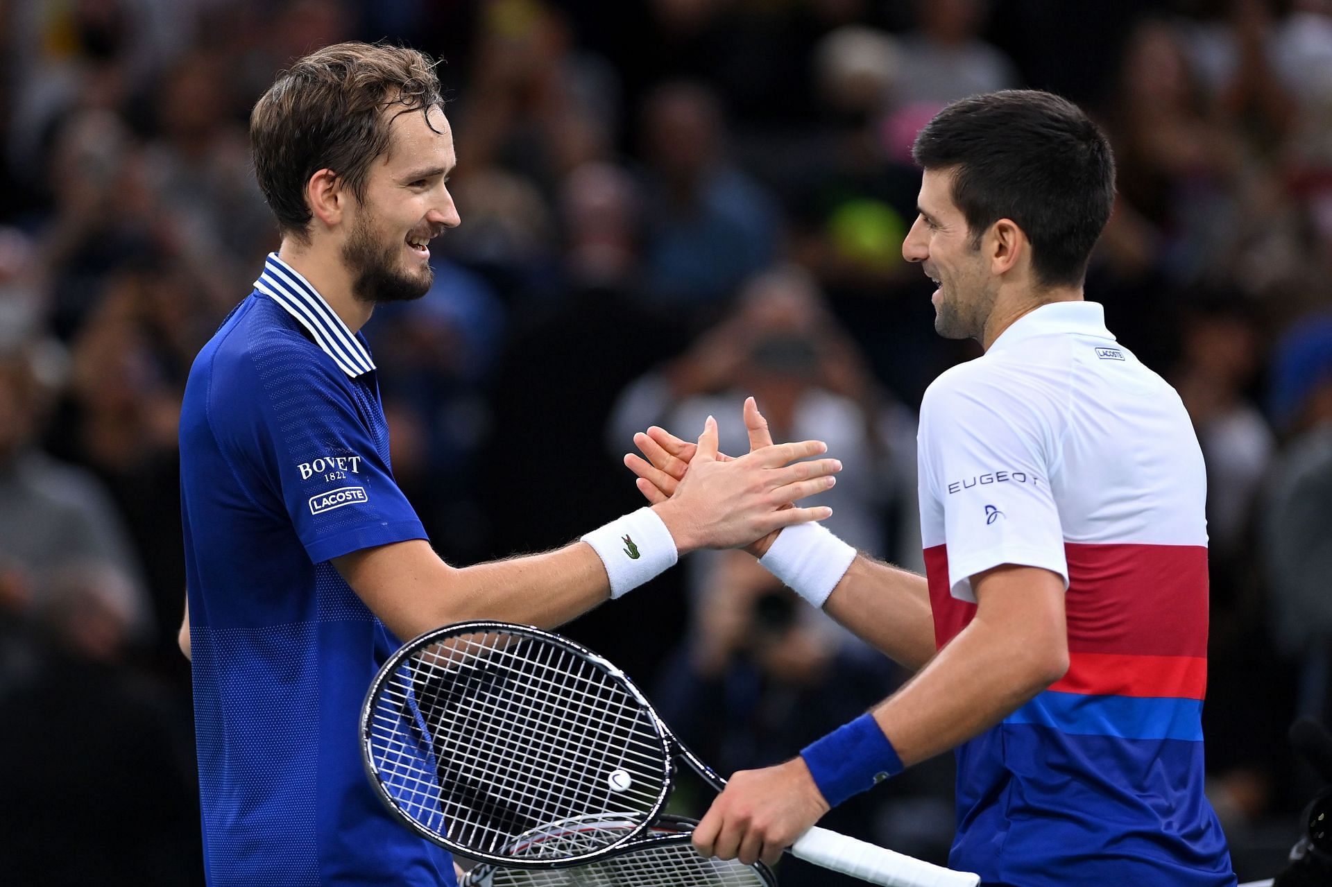 Novak Djokovic and Daniil Medvedev at the Rolex Paris Masters on November 7, 2021 in Paris, France.