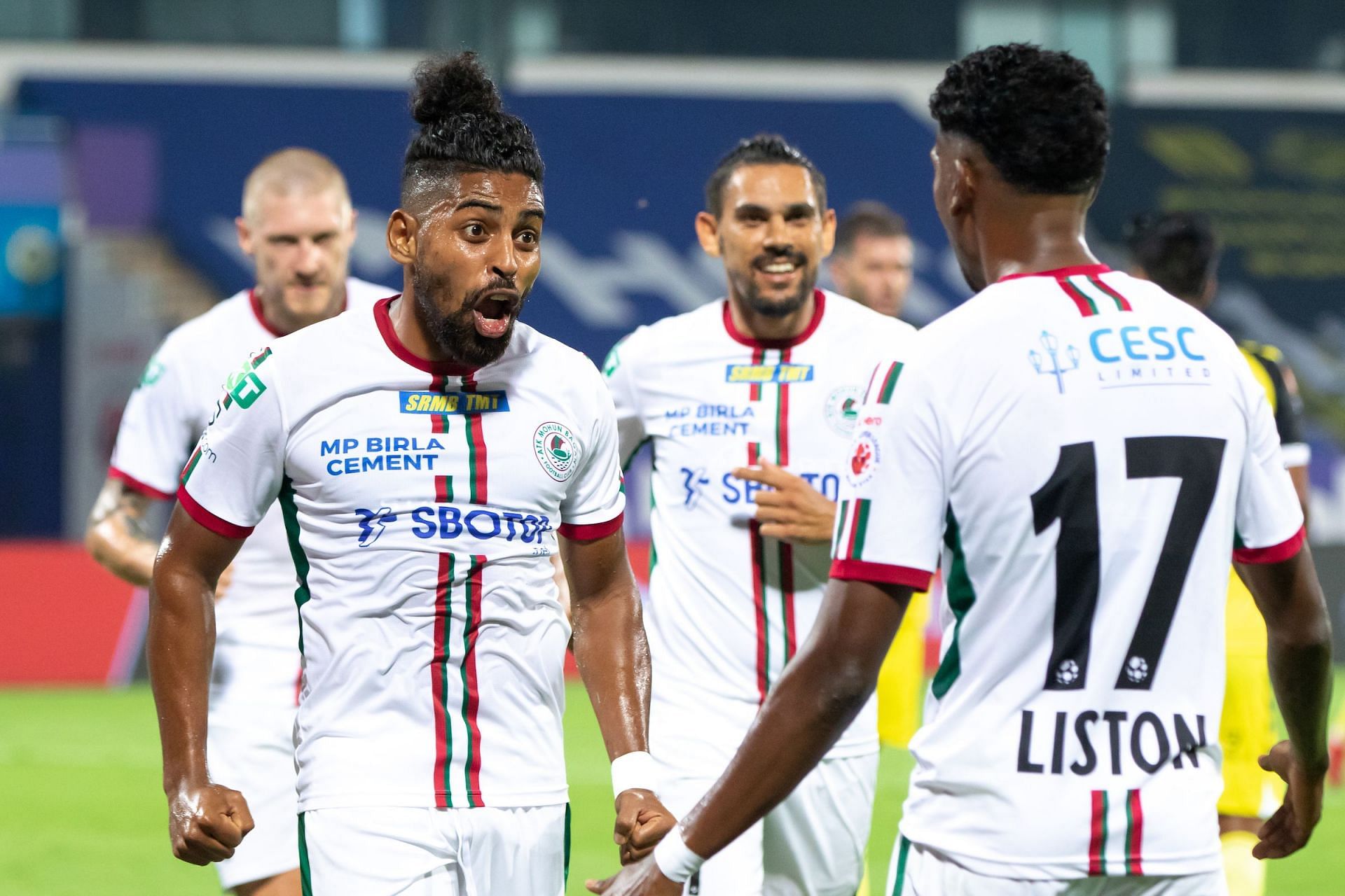 ATK Mohun Bagan&#039;s Roy Krishna celebrates his goal after getting the lead against Hyderabad FC (Image Courtesy: ISL)