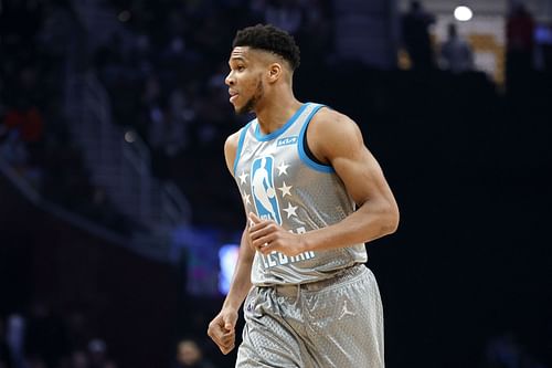 Giannis Antetokounmpo of Team LeBron looks on against Team Durant during the All-Star Game at Rocket Mortgage Fieldhouse on Feb. 20 in Cleveland, Ohio.