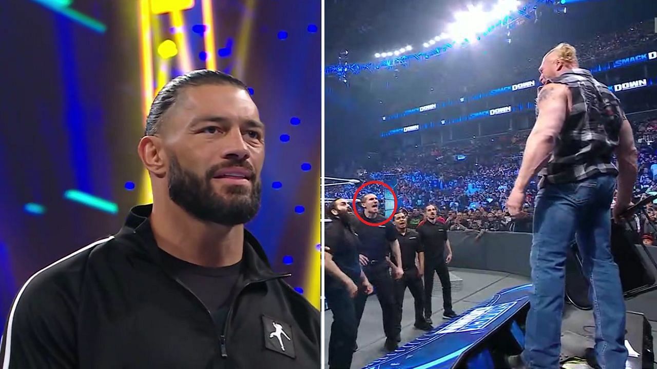 Roman Reigns watches as Lesnar confronts WWE&#039;s security personnel.