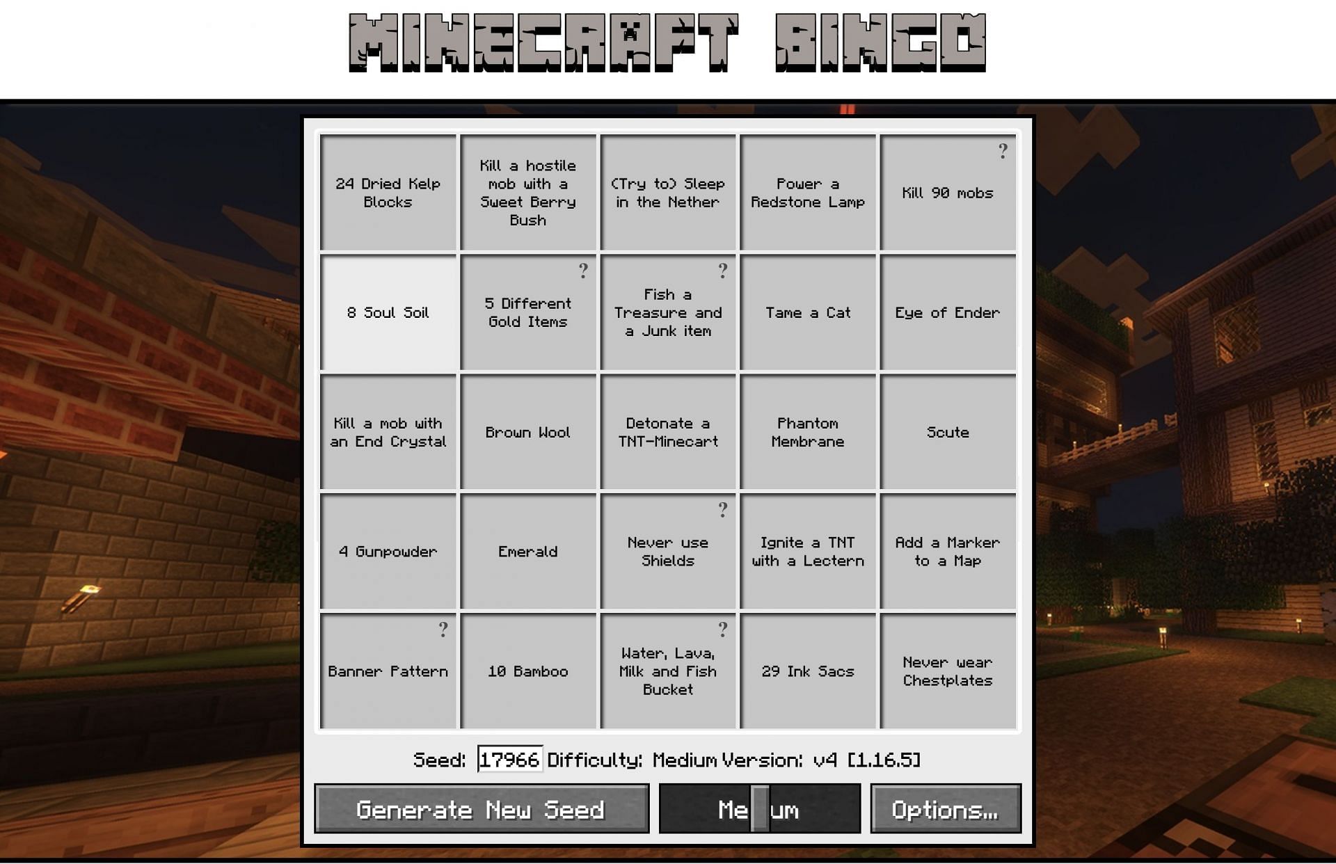 Players are able to engage in a game of Bingo to see who can get a Bingo the fastest while they play Minecraft (Image via minecraftbingo.com)