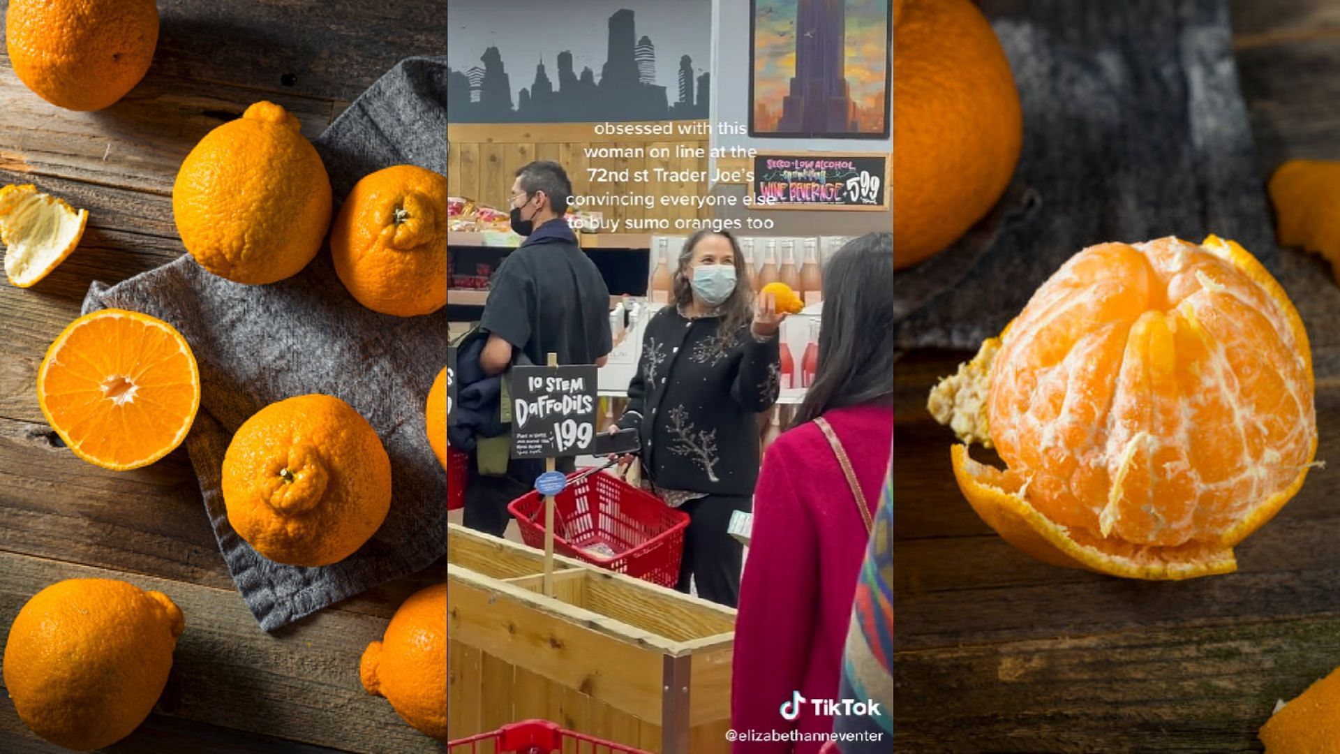 Sumo oranges are all the rage on TikTok after a video of an enthusiastic Trader Joe&#039;s customer goes viral (Images via bhofack2/Getty Images and elizabethanneventer/TikTok)