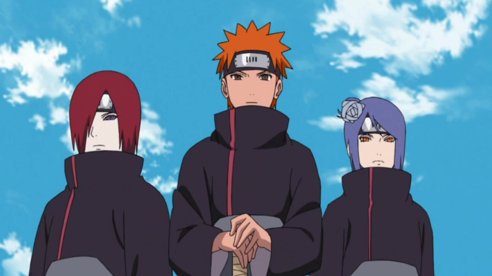 Yahiko (centre) flanked by Konan (right) and Nagato (left) (Image by Studio Pierrot)