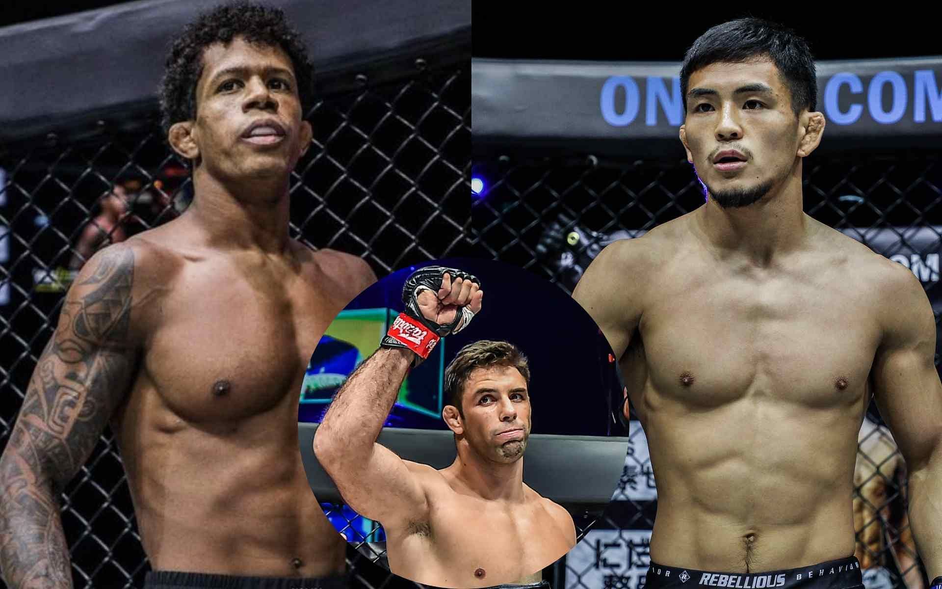 Marcus &#039;Buchecha&#039; Almeida (center) predicts that ONE flyweight champion Adriano Moraes (left) will submit Yuya Wakamatsu (right) in their title fight at ONE X. [Photos: ONE Championship]