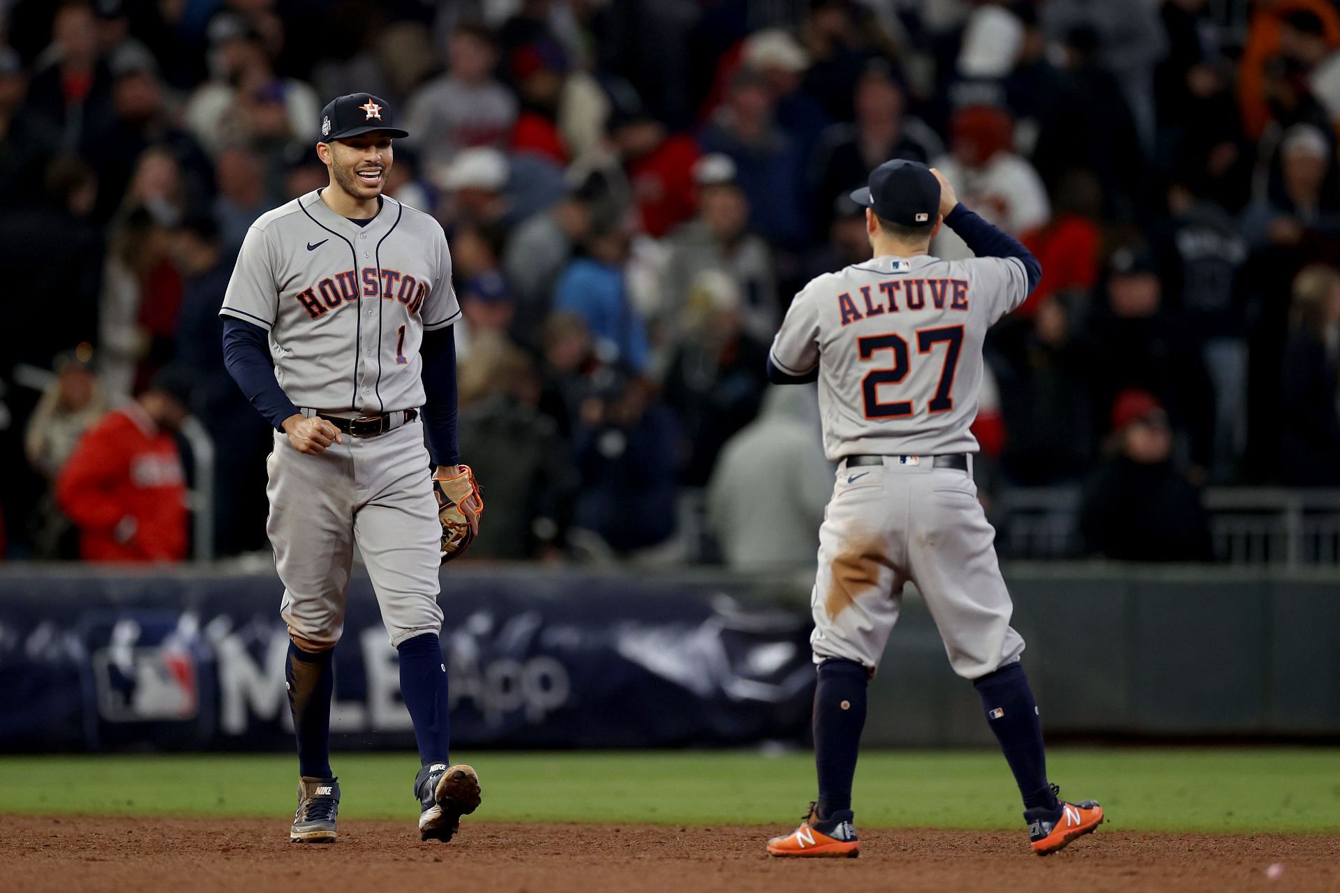 Jose Altuve(right) and Carlos Correa(left) at the World Series - Atlanta Braves v Houston Astros - Game Five