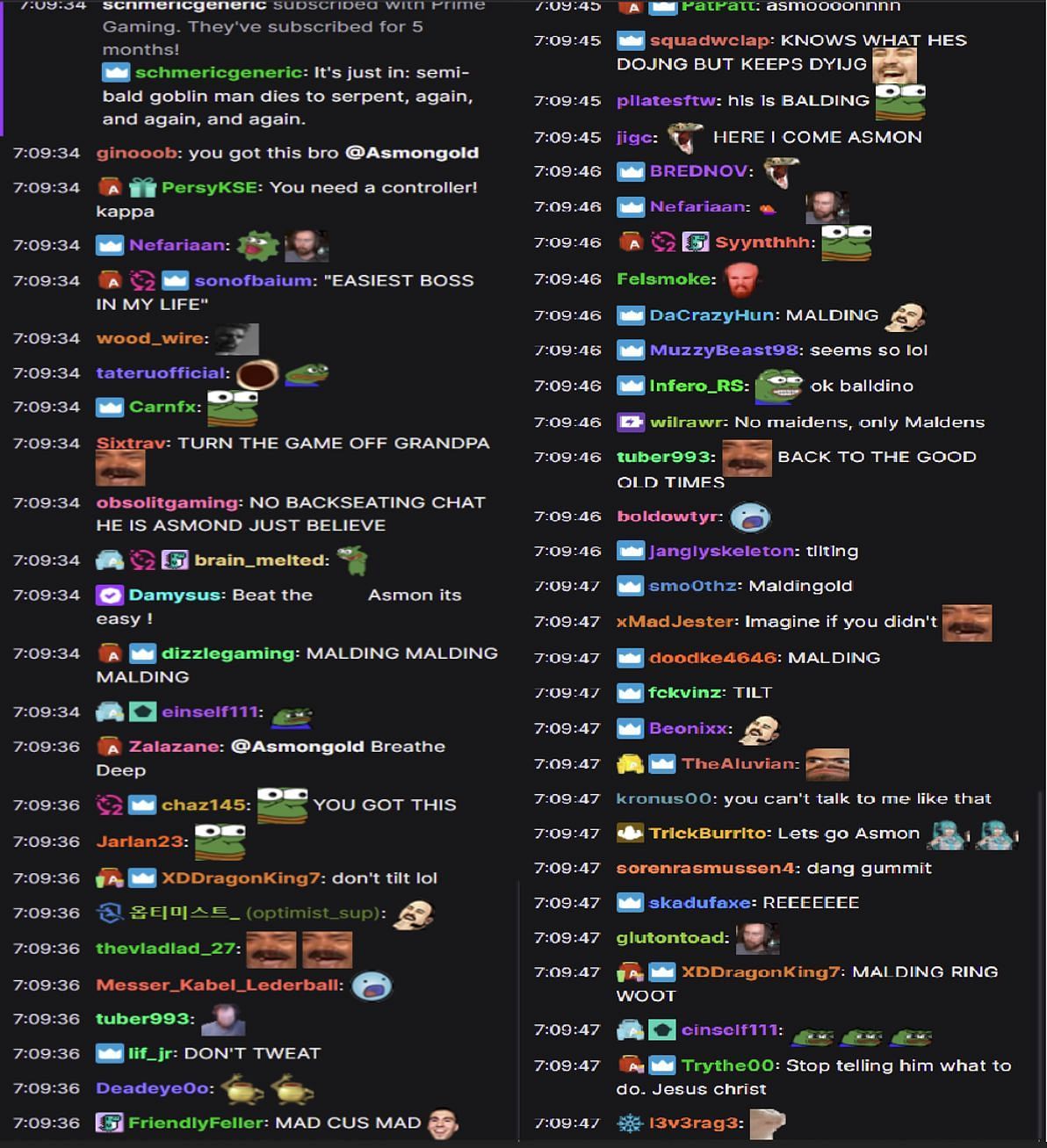 Chat reacting to streamer&#039;s attempts at clearing the boss (Images via Asmongold/Twitch chat)