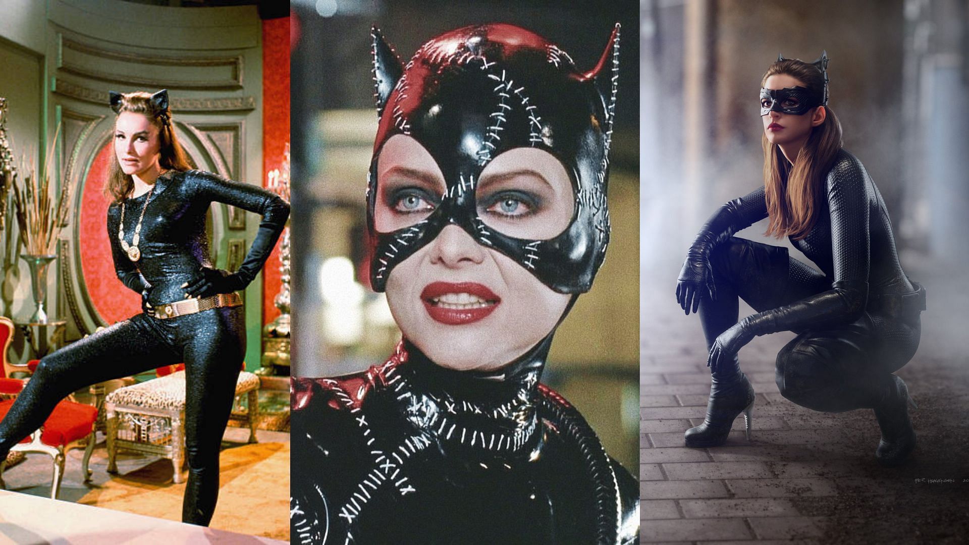 Iconic catsuits over the years sported by Catwoman (Image via Getty Images, @x_warinmymind, @BatmanNotes/Twitter)
