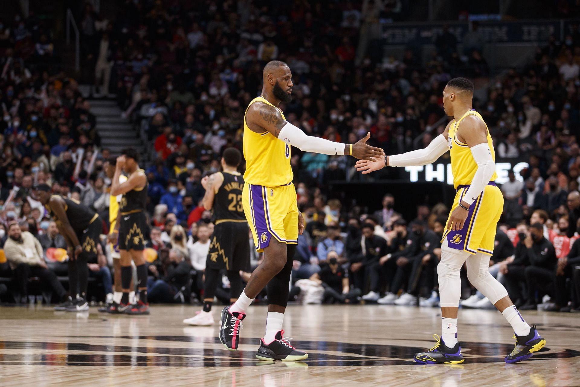 LA Lakers LeBron James, left, and Russell Westbrook shake hands.