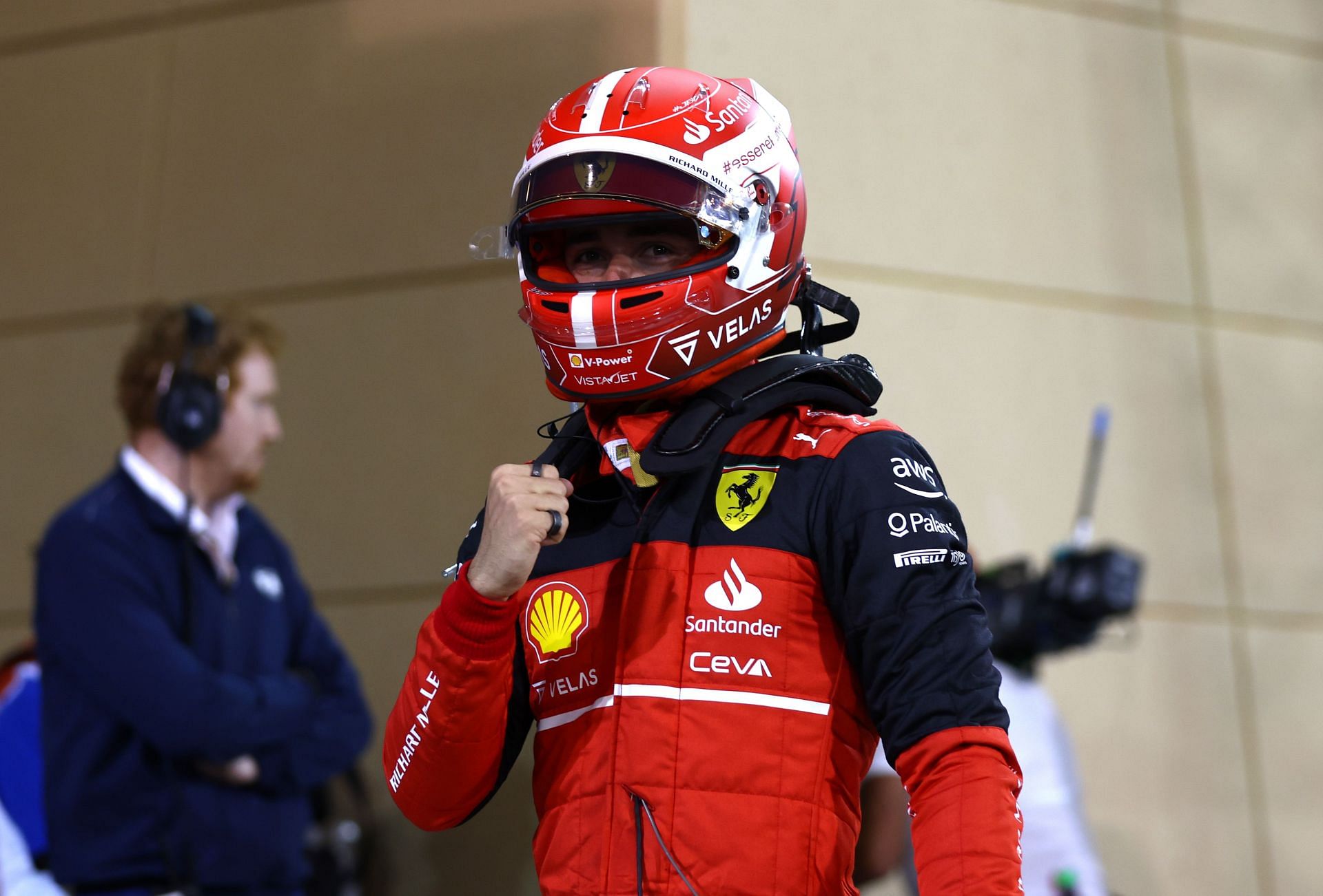 Charles Leclerc celebrates after securing pole at the F1 Grand Prix of Bahrain - Qualifying