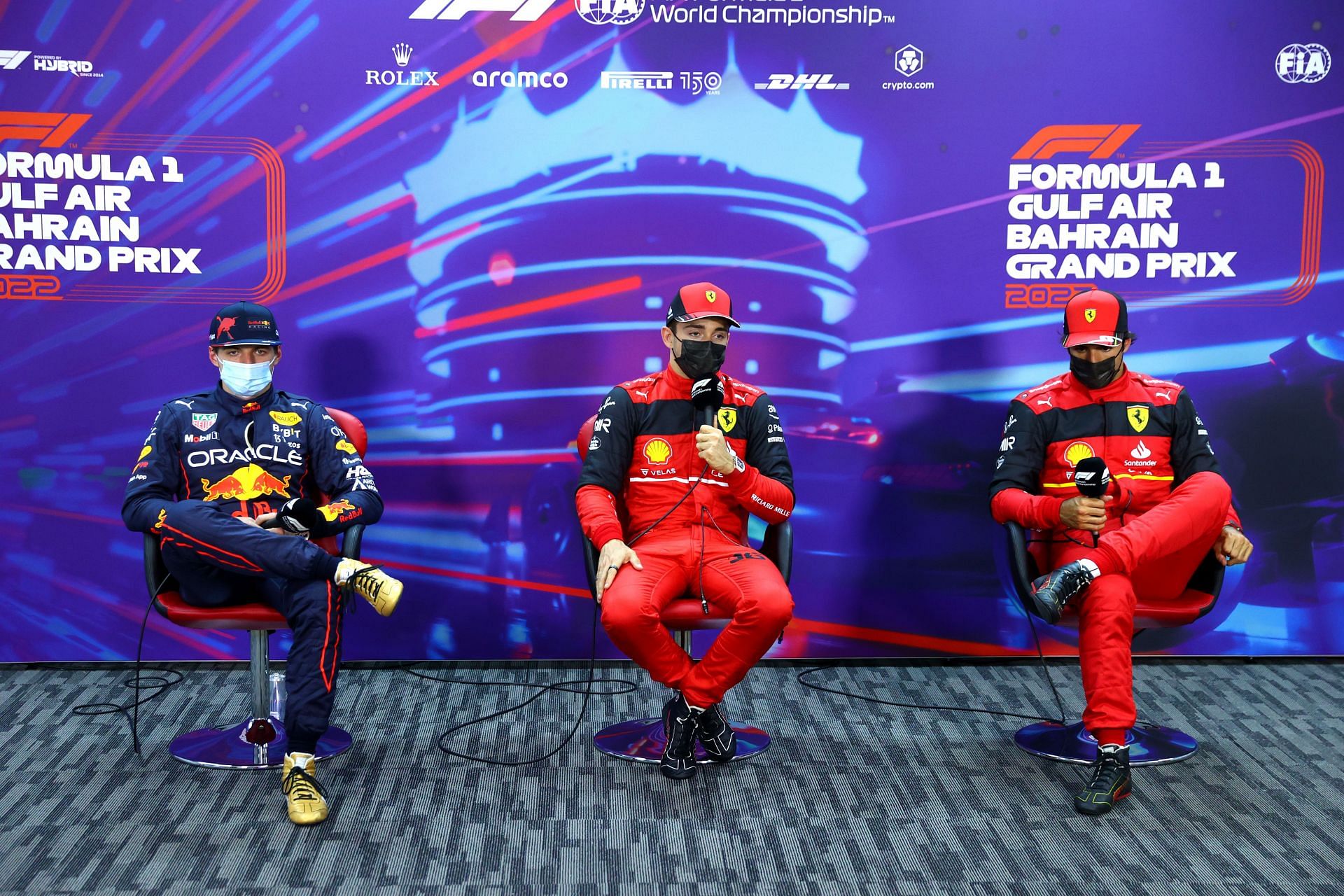 (L to R) Max Verstappen, Charles Leclerc and Carlos Sainz after the qualification session at the 2022 Bahrain GP