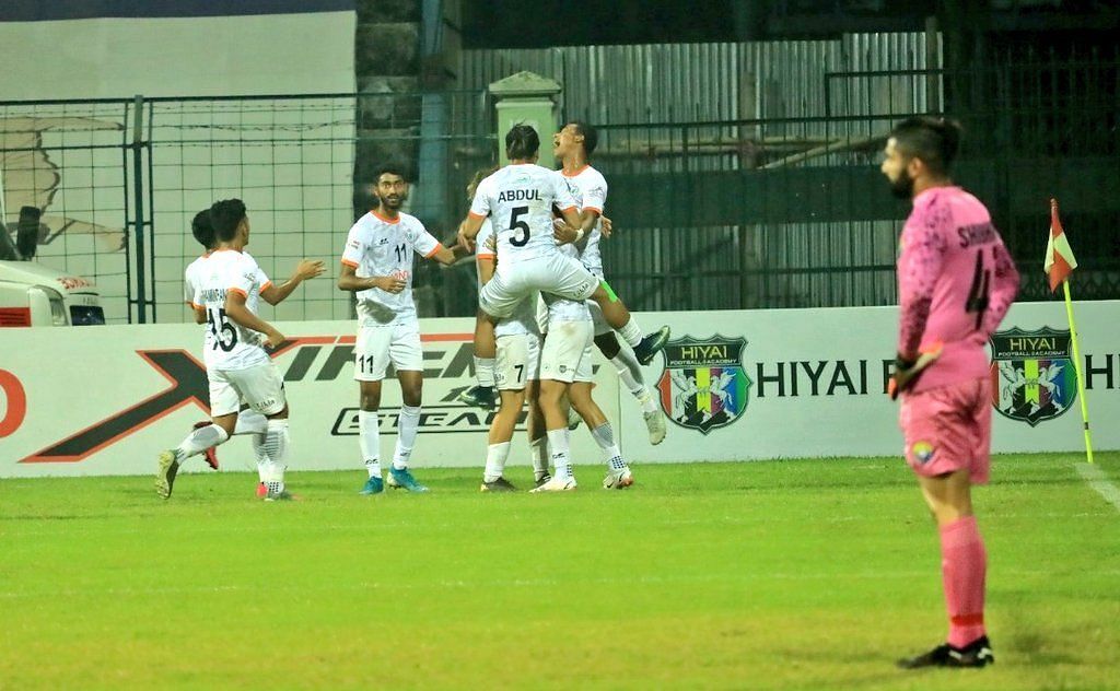 Neroca FC players their first goal against Real Kashmir FC. (Image Courtesy: Twitter/IndianFootball)