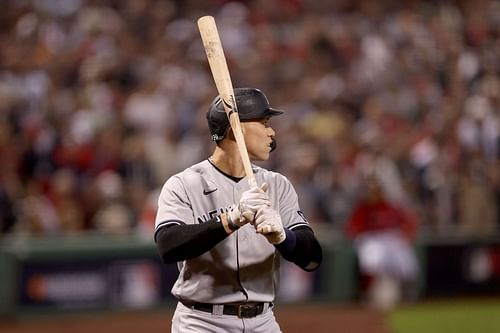 Aaron Judge bats during the Wild Card Round - New York Yankees v Boston Red Sox