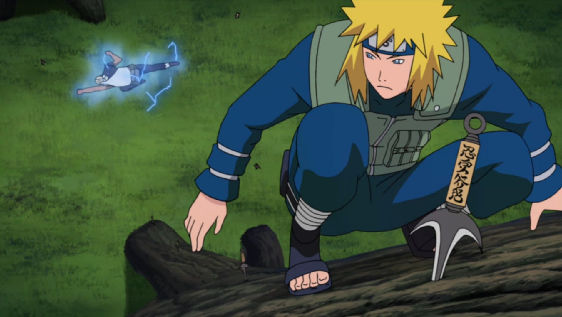 Minato using Flying Raijin Jutsu to dodge the Raikage (Image via Pierrot)