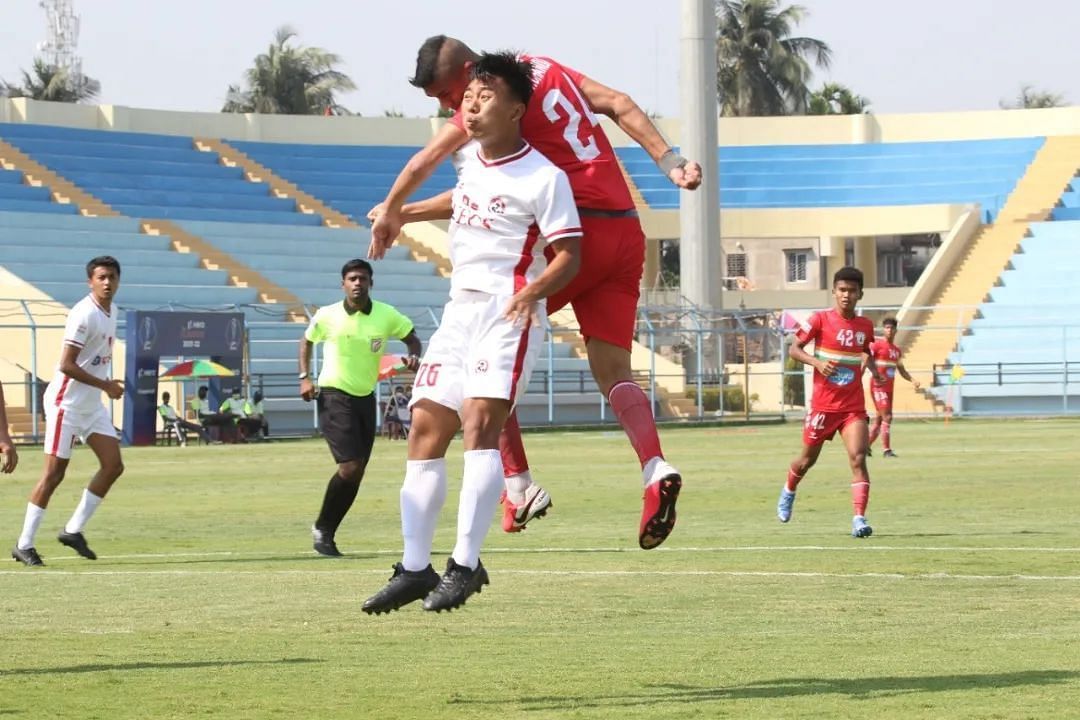 Sudeva Delhi FC&#039;s Nishchal Chandan opens the scoring of the game with a header against Aizawl FC (Image Courtesy: I-League Instagram)