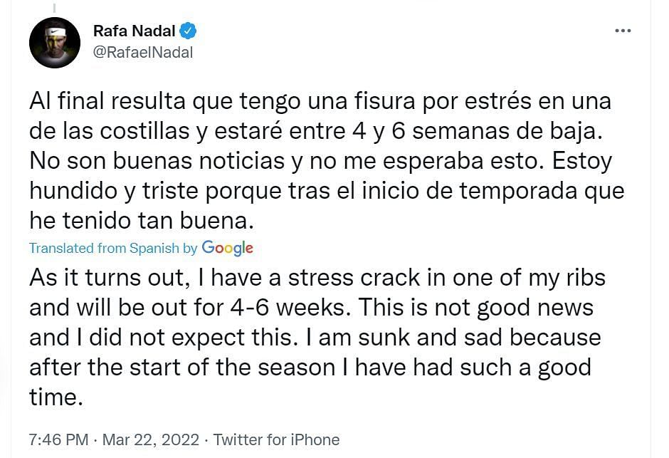 नडाल के ट्विटर अकाउंड से यह ट्वीट कर उनकी चोट की जानकारी दी गई।