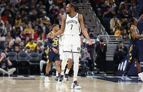 Brooklyn Nets star Kevin Durant reacts to a call.