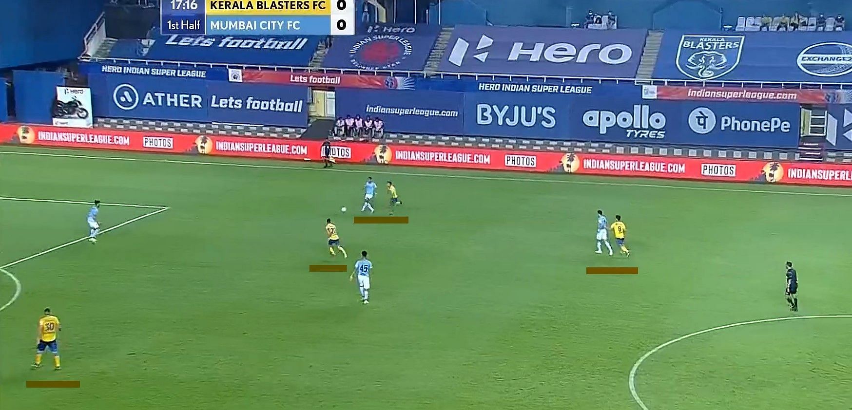 First snippet of Kerala Blasters FC pressuring in the Mumbai City FC half. (Screengrab from Hotstar)