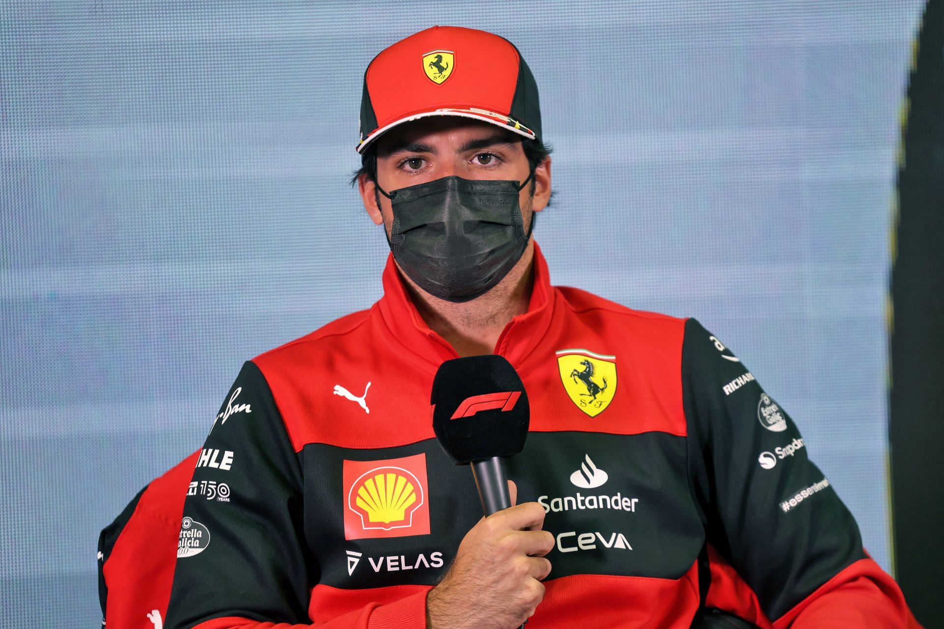 Carlos Sainz of Ferrari talks in the Drivers&#039; Press Conference in Barcelona (Photo by James Bearne - Pool/Getty Images)