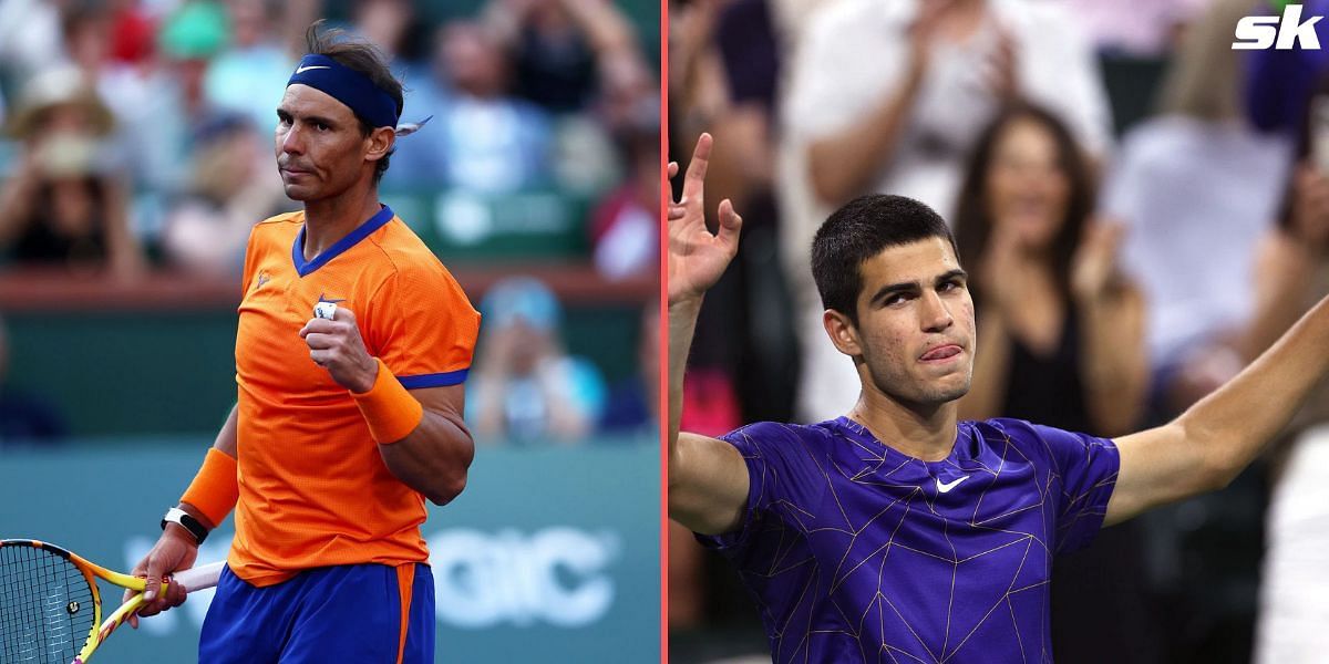 Rafael Nadal (L) and Carlos Alcaraz at the 2022 Indian Wells Open.