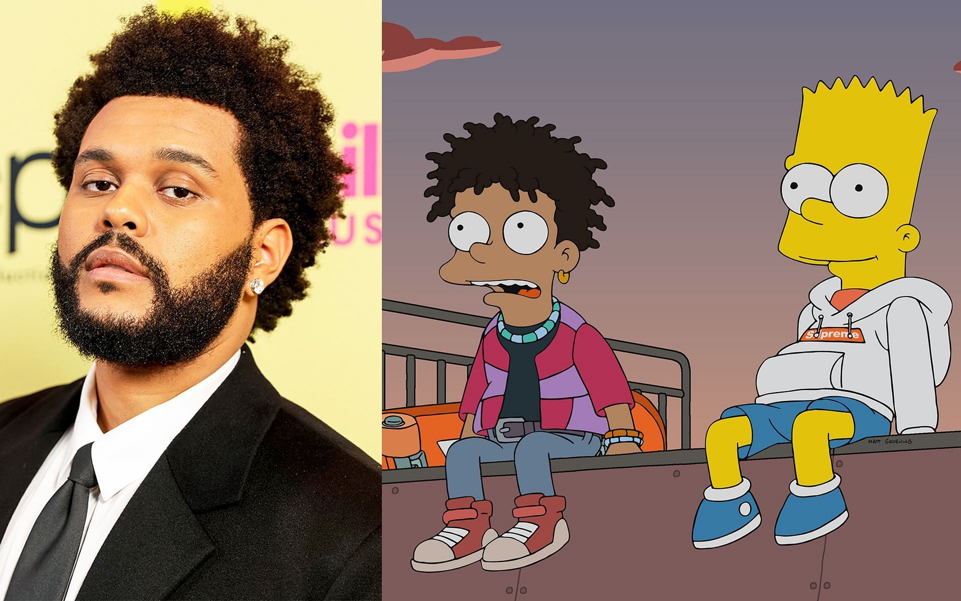 The Weeknd will appear on The Simpsons&#039; episode of March 20, 2022. (Image via Getty Images &amp; @TheSimpsons/Twitter)