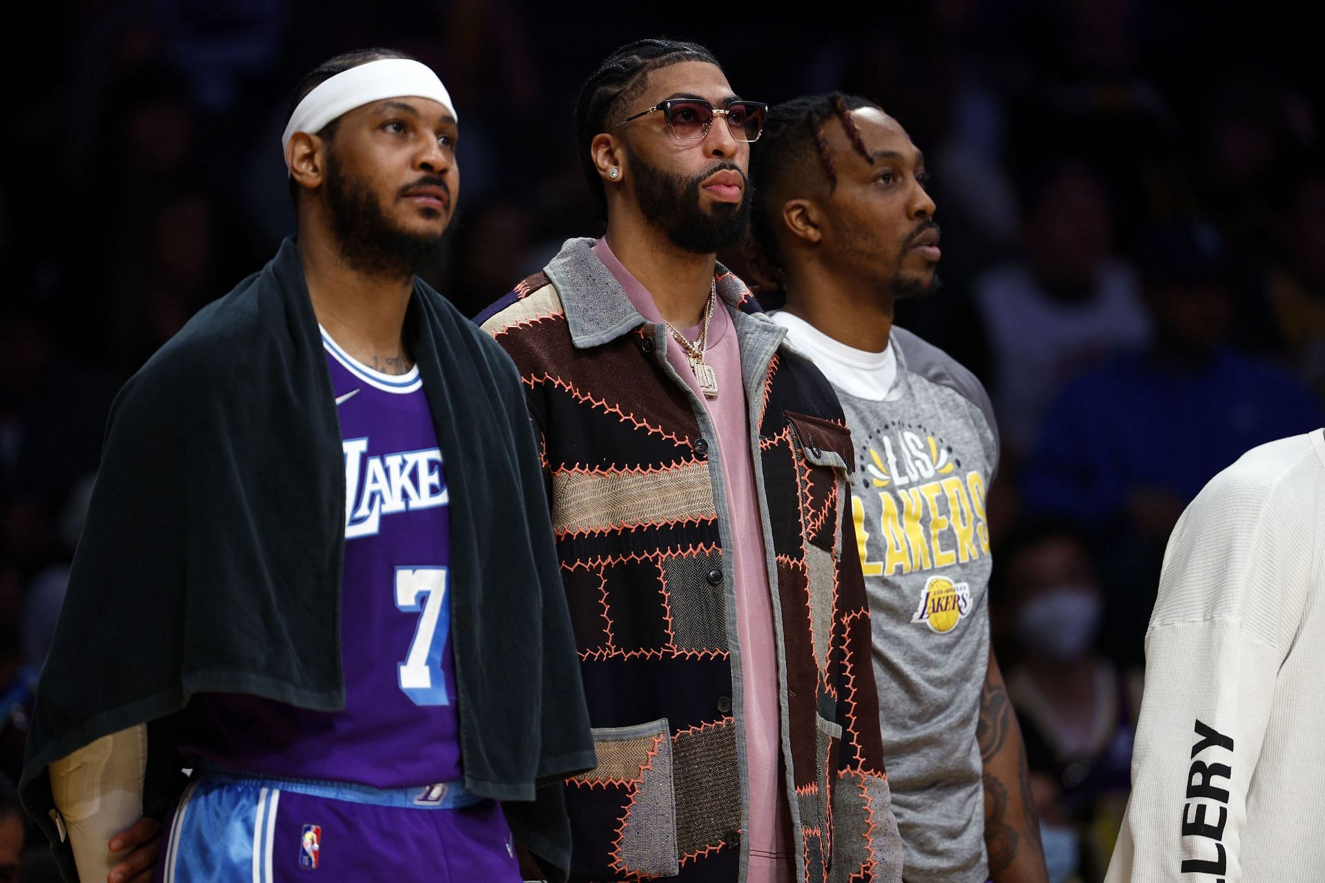Anthony Davis of the LA Lakers standing in between Carmelo Anthony and Dwight Howard