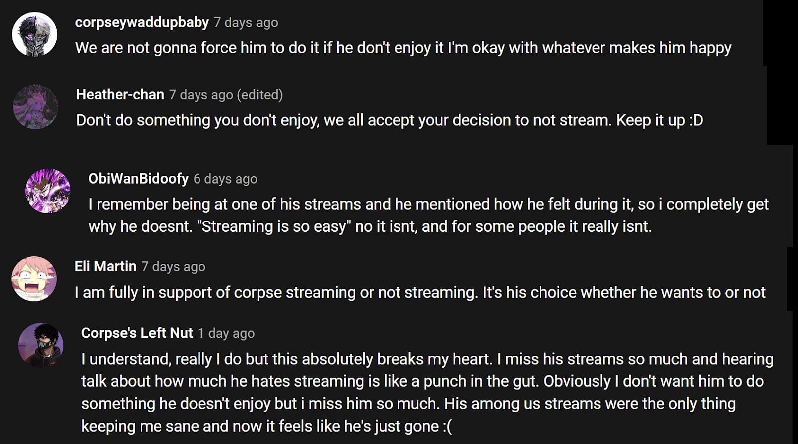 The YouTube comments section reacting to Corpse Husband&rsquo;s reasons (Images via CorpseHusbandClips/YouTube)