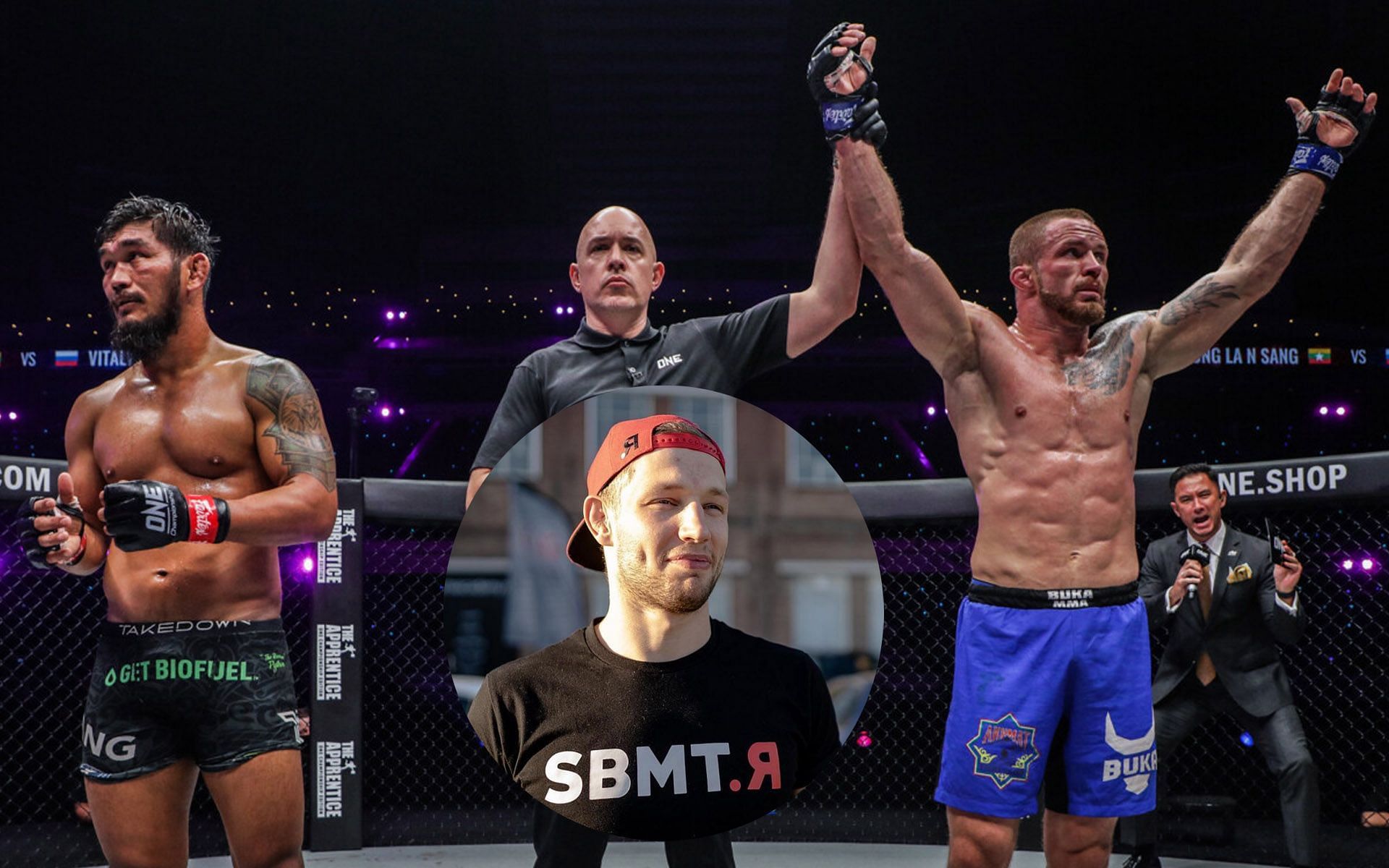 Reinier de Ridder (Center, insert) takes credit for Vitaly Bigdash (Right) winning over Aung La N Sang (Left). | [Photos: ONE Championship/ @deriddermma on Instagram]