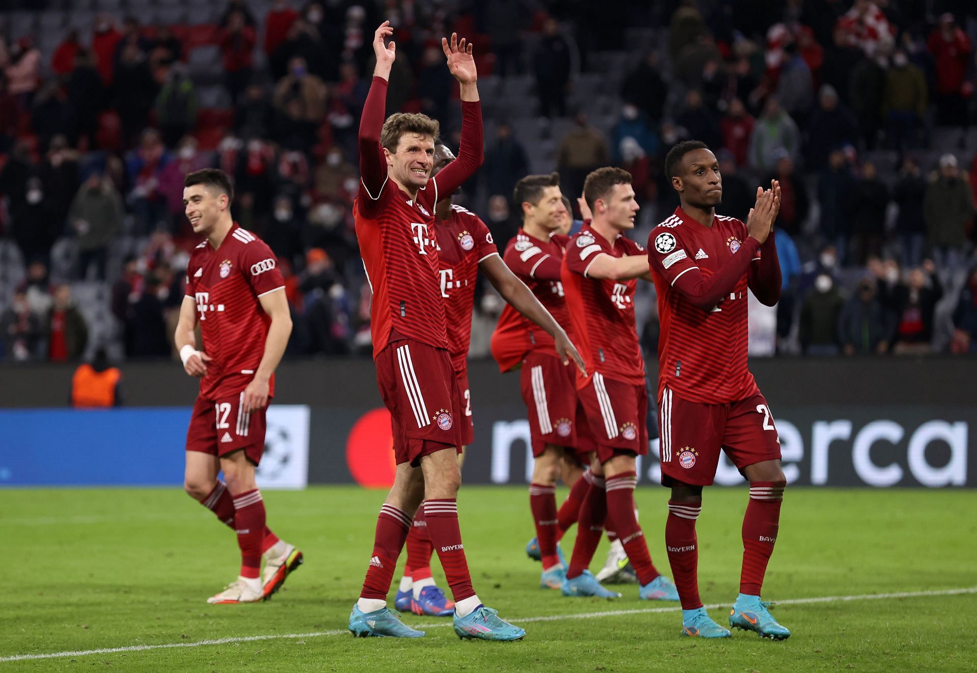 Bayern Munich celebrate a UEFA Champions League game win.