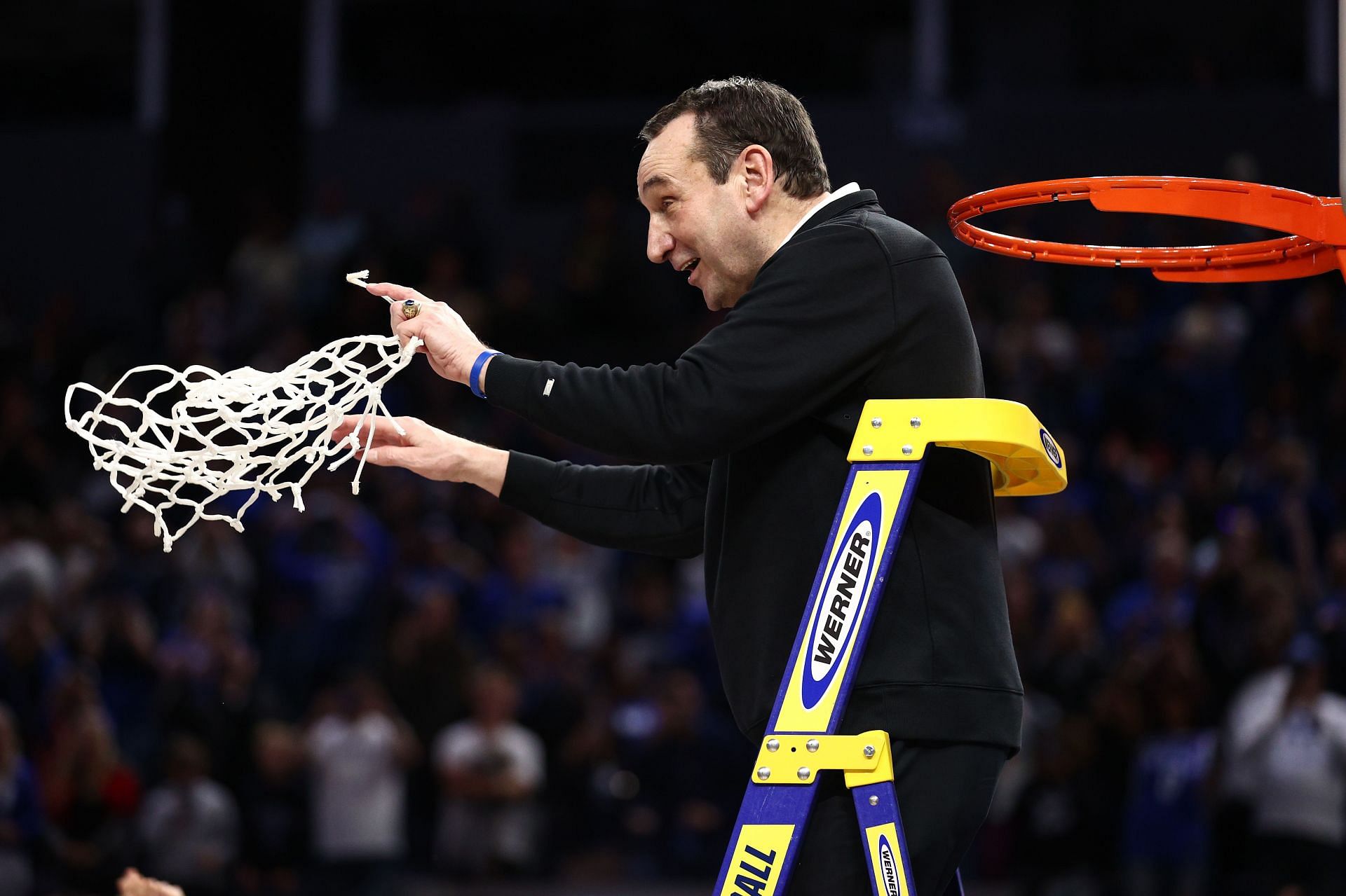 Mike Krzyzewski cut down the West region nets and aims to do the same in the national championship game.