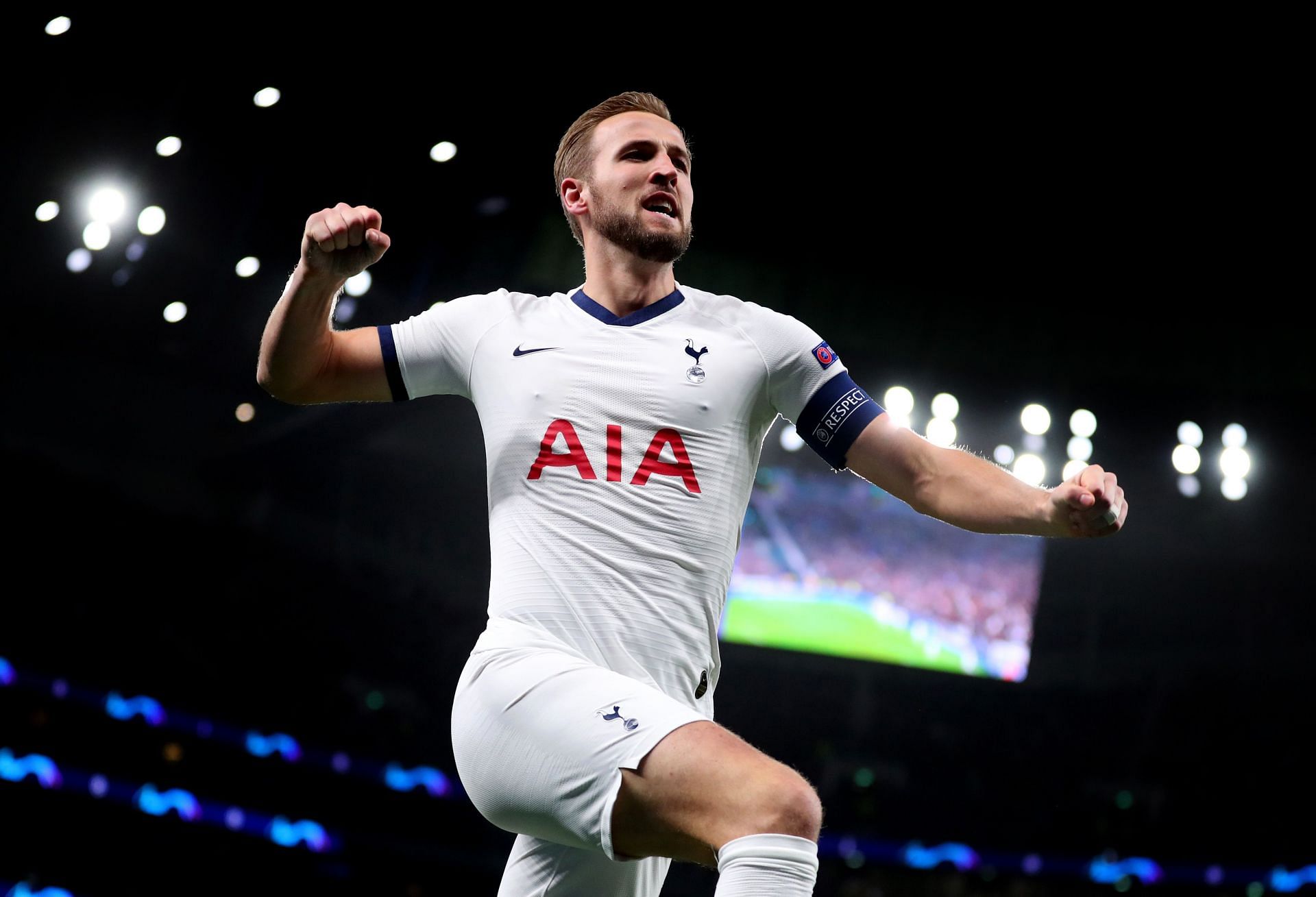 Tottenham Hotspur star Harry Kane celebrates after scoring against Olympiacos