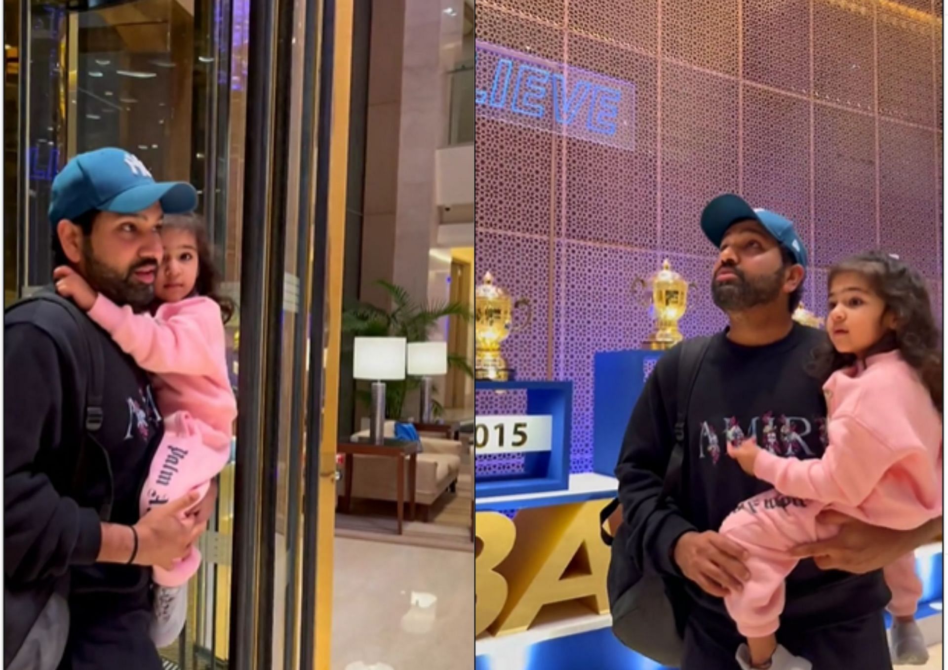 MI shared a video of skipper Rohit arriving into the team hotel along with his daughter Samaira (Screengrab via Instagram/Mumbai Indians).