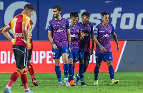 Bengaluru FC's Sunil Chhetri celebrates after he scores against SC East Bengal. (Image Courtesy: ISL Media)