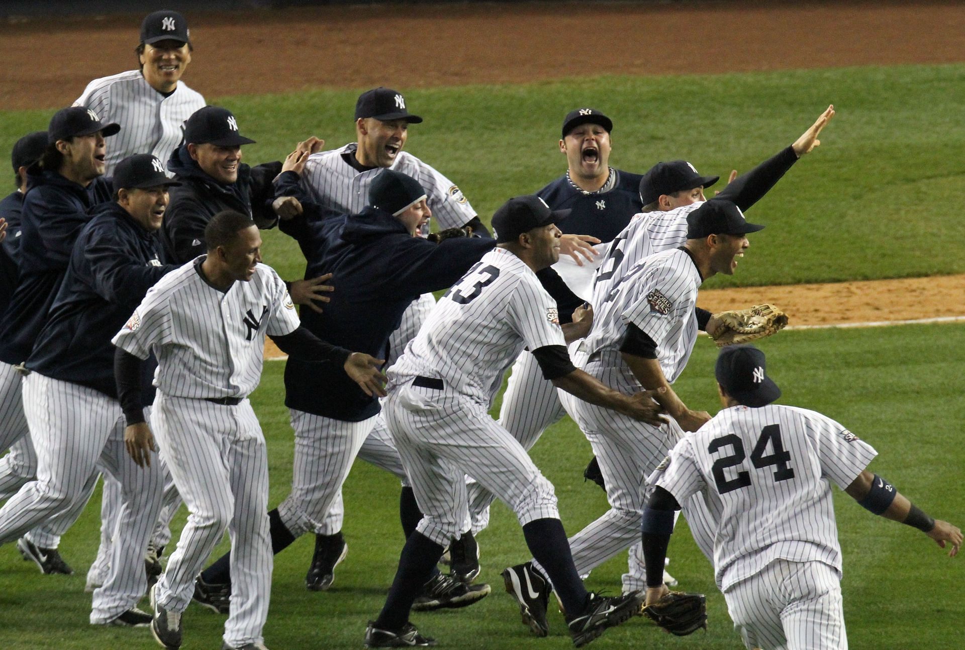 Yankees players celebrate winning the World Series in 2009 against the Philadelphia Phillies