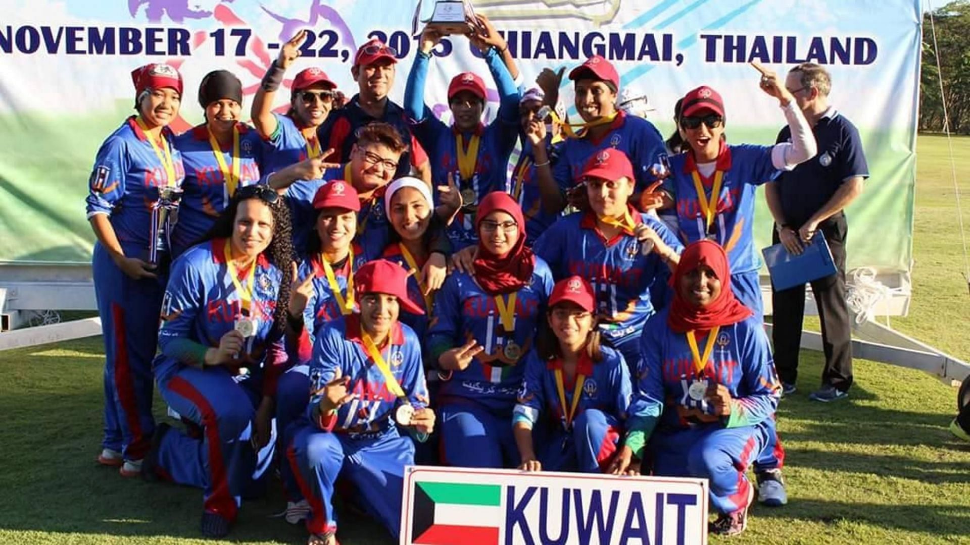 The Kuwait women&#039;s cricket team striking a pose (Image credits: ICC)