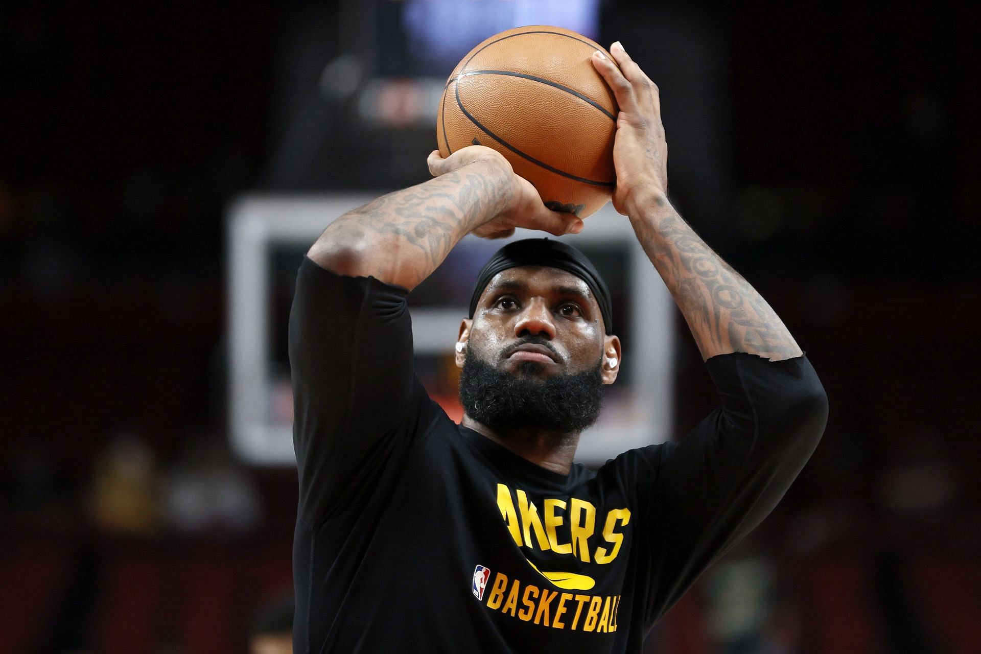 LeBron James of the LA Lakers warms up pre-game