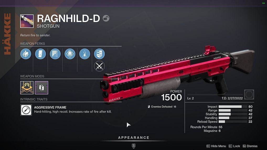 The Ragnhild-D shotgun in (Image via Bungie)