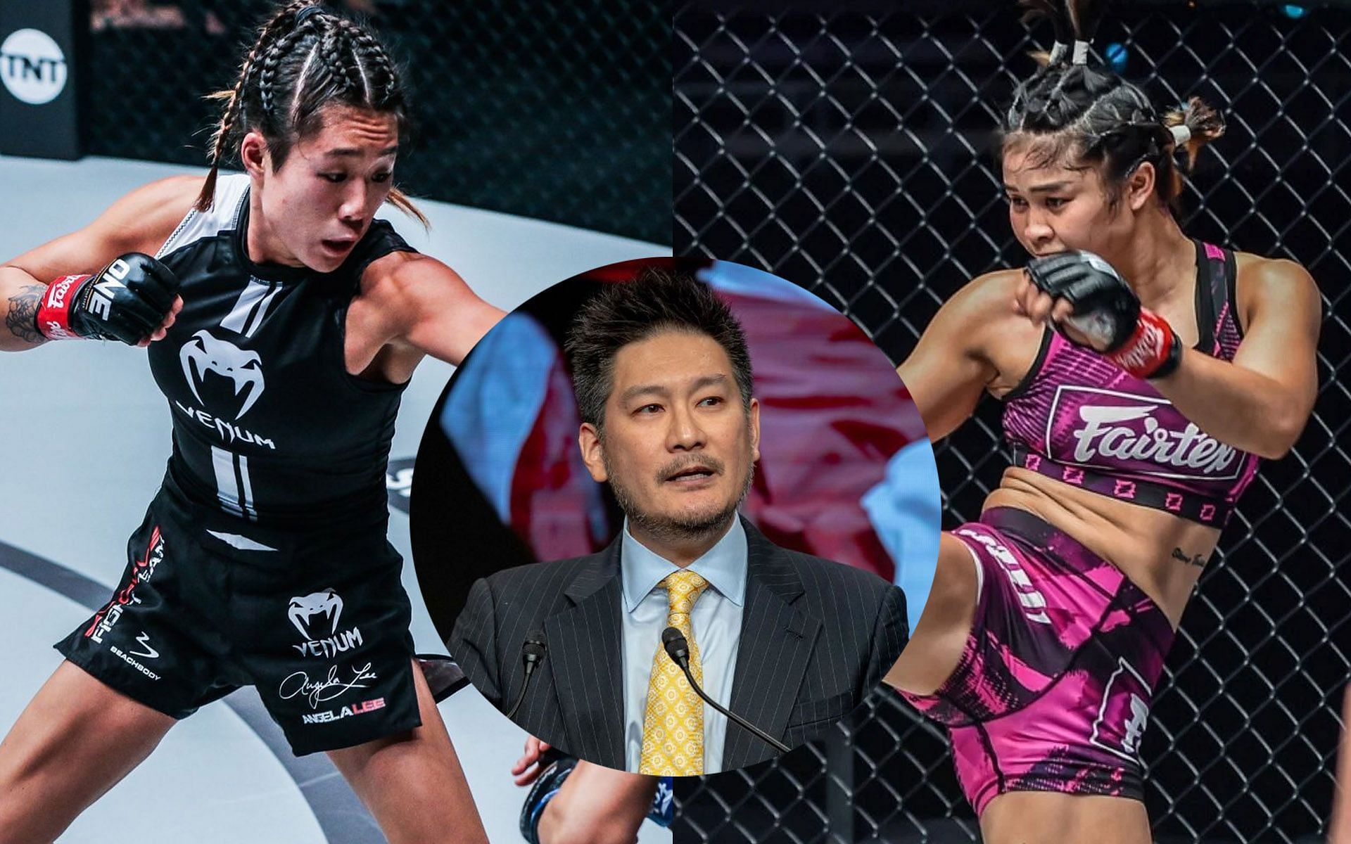 Chatri Sityodtong (Center) believes Angela Lee (Left) and Stamp Fairtex&#039;s (Right) match will be the most intriguing match at ONE X. | [Photos: ONE Championship]