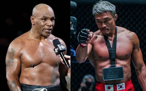 Yoshihiro Akiyama (right) says he wants to face boxing legend Mike Tyson in a special dream match. [Photos ONE Championship, Getty Images]