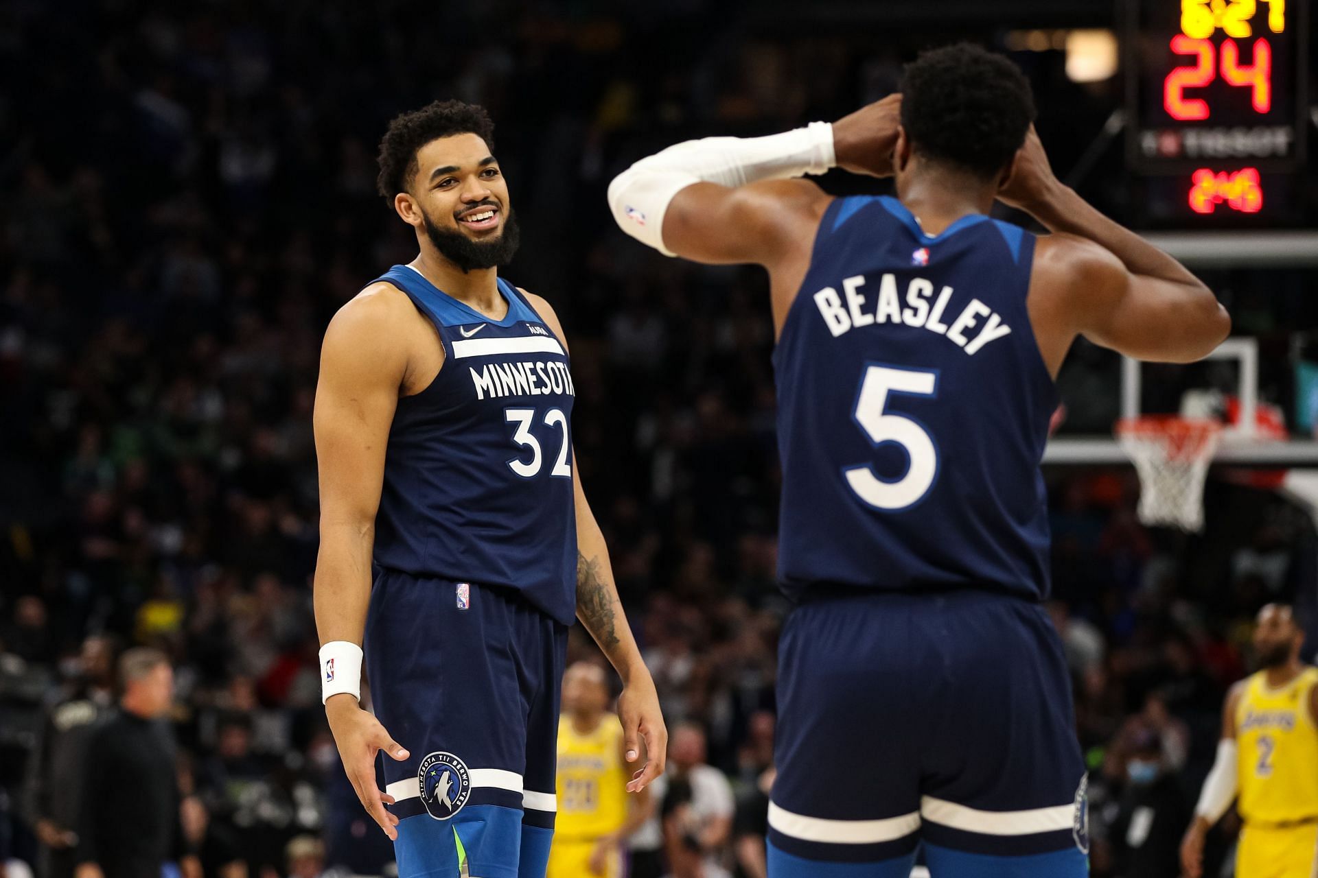 Karl-Anthony Towns in action during Los Angeles Lakers v Minnesota Timberwolves