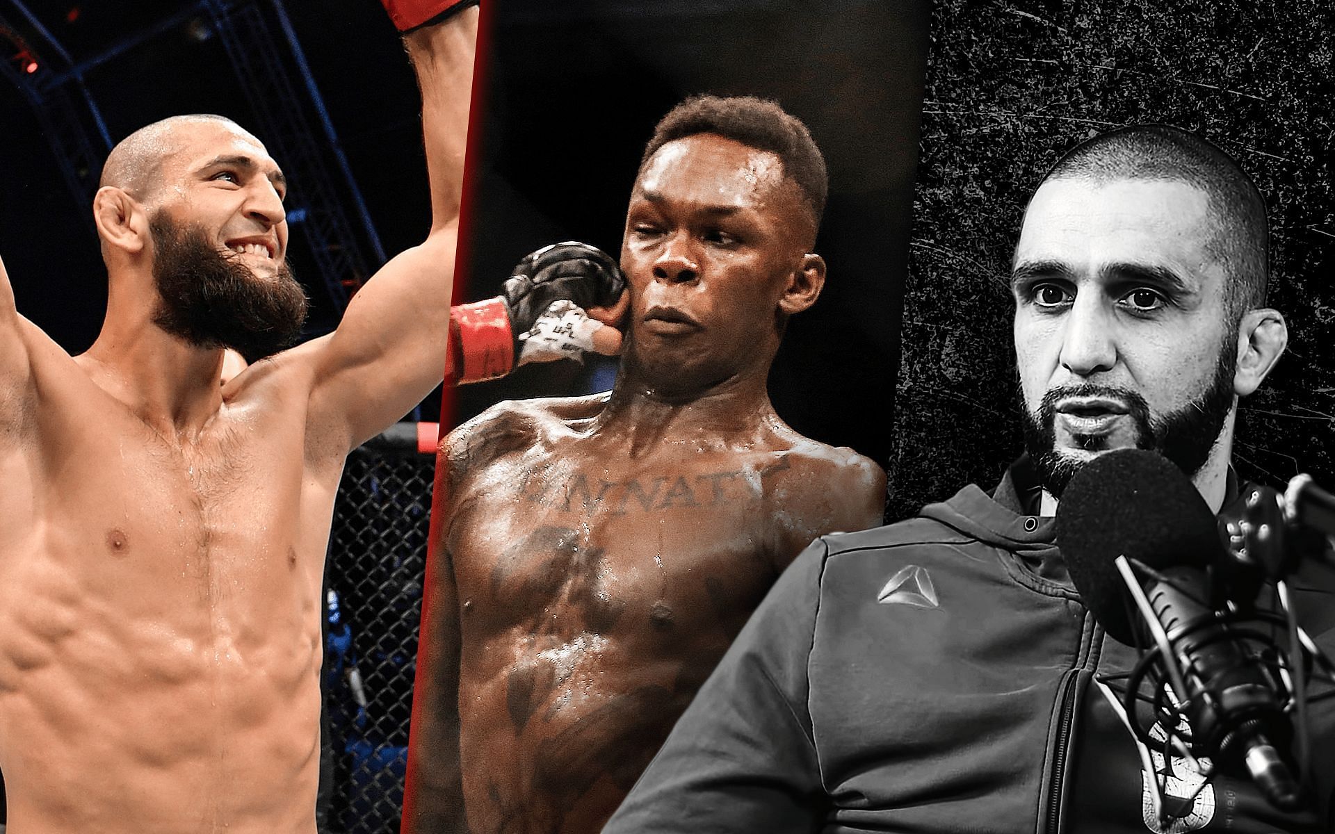 Firas Zahabi (R) believes Khamzat Chimaev is capable of beating Israel Adesanya [Image Credits: Firas Zahabi from 5Pillas YouTube channel, Khamzat Chimaev and Israel Adesanya from Getty Images]