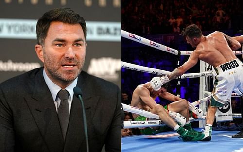 Eddie Hearn (left) and Michael Conlan getting knocked out by Leigh Wood (right)